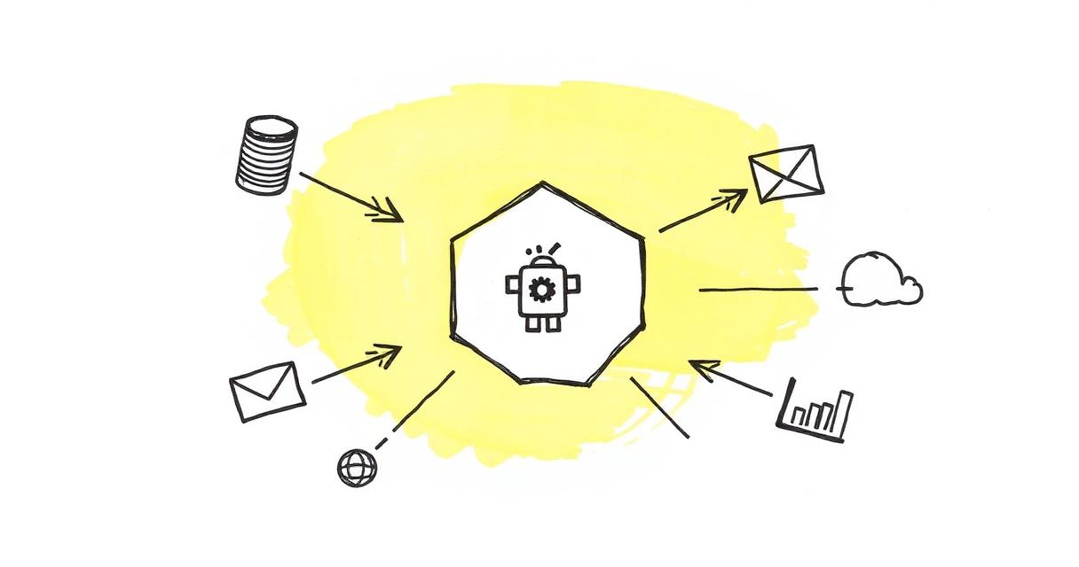 Hand-drawn sketch: a central hexagonal agent node with a small robot glyph, connected by ink arrows to icons for database, email, chat, spreadsheet, cloud and chart, over a pastel yellow brush-swipe.