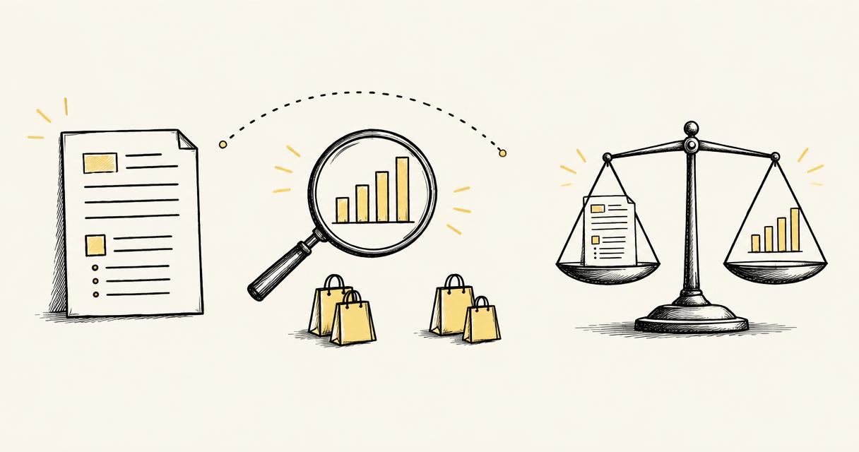 Hand-drawn document, magnifying glass over a bar chart, shopping bags and a weighing scale comparing documentation with research evidence, highlighted in pastel yellow.