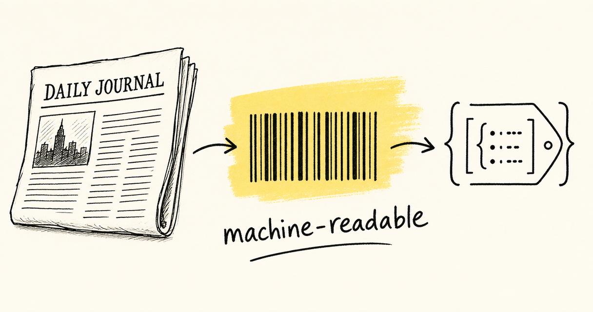 Hand-drawn sketch: a newspaper clipping, a yellow-highlighted barcode and a structured-data tag, linked by arrows.