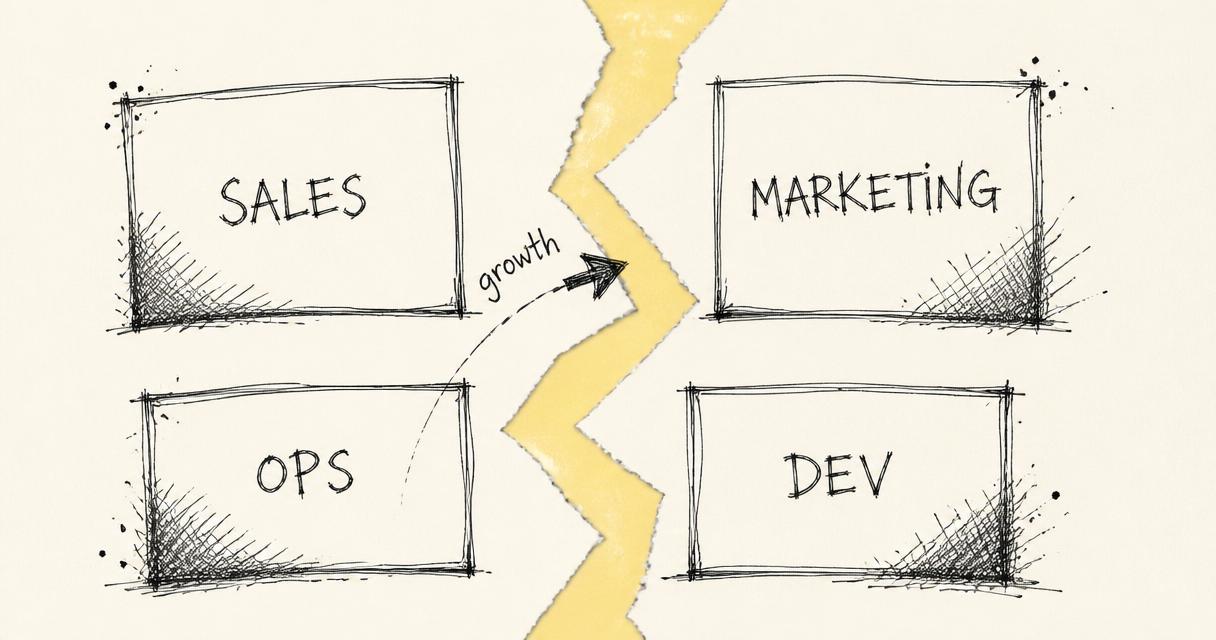 Hand-drawn sketch: four labelled boxes - Sales, Marketing, Ops and Dev - separated by a torn pastel-yellow gutter, with a small ink arrow labelled 'growth' trying to leap across.