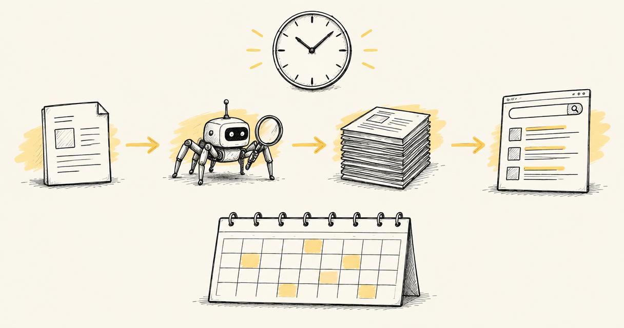 Hand-drawn document, crawler robot, indexed pages and search results linked by arrows, with a clock and calendar over pastel yellow highlights.