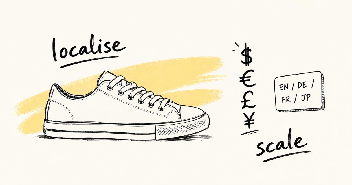 Hand-drawn sketch: a sneaker, a stack of currency symbols and a language switcher card, with yellow highlight and 'localise' label.