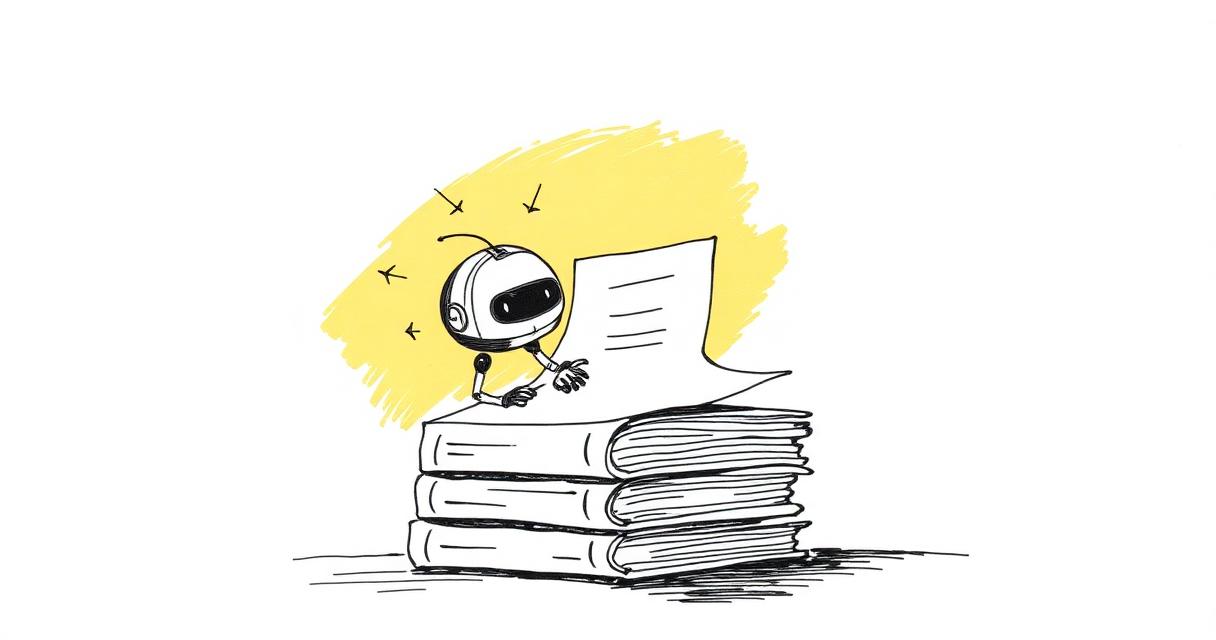 Hand-drawn sketch: a small crawler robot inspecting the top document on a stack of papers, with a pastel yellow brush-swipe highlight behind it.